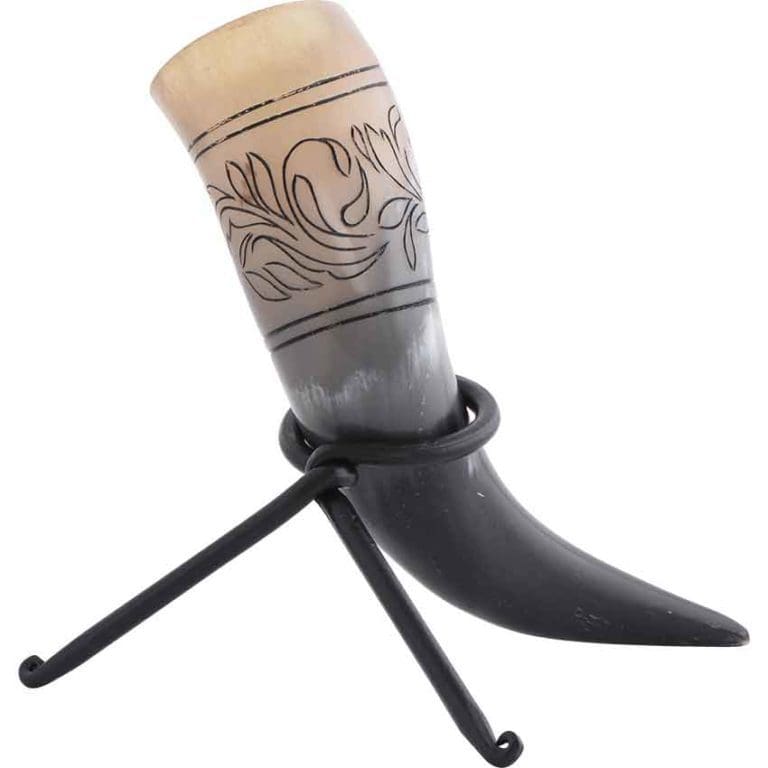 Floral Etched Drinking Horn with Stand