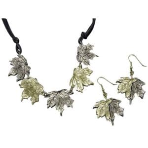 Brass and Antique Silver Maple Leaves Necklace and Earring Set