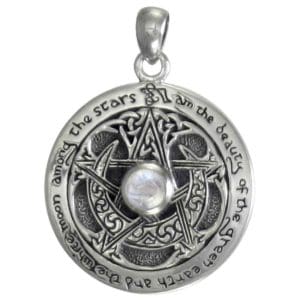 Inscribed Silver Crescent Moon Pentacle Pendant