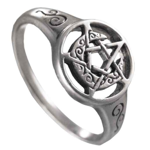 Silver Crescent Moon Pentacle Ring
