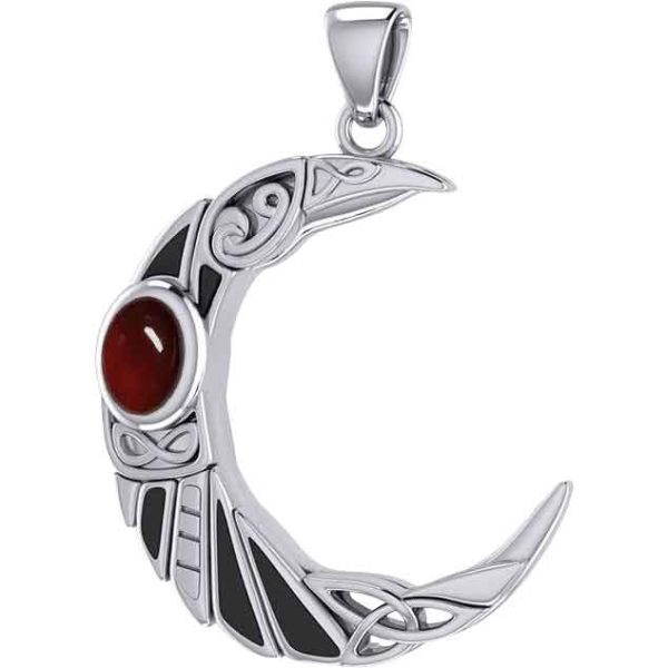 Silver Celtic Moon Raven with Gemstone Pendant