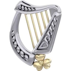 Silver Celtic Harp and Gold Shamrock Pendant