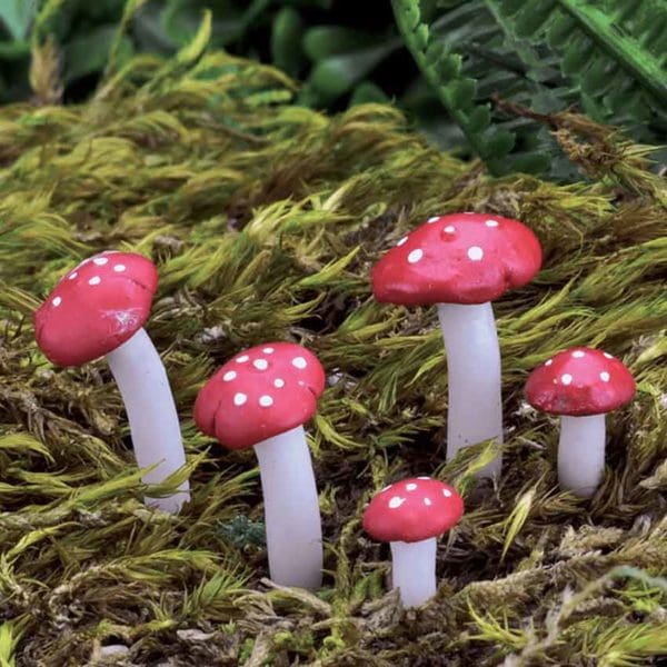 Set of 5 Mini Red Mushrooms Statues with Stakes