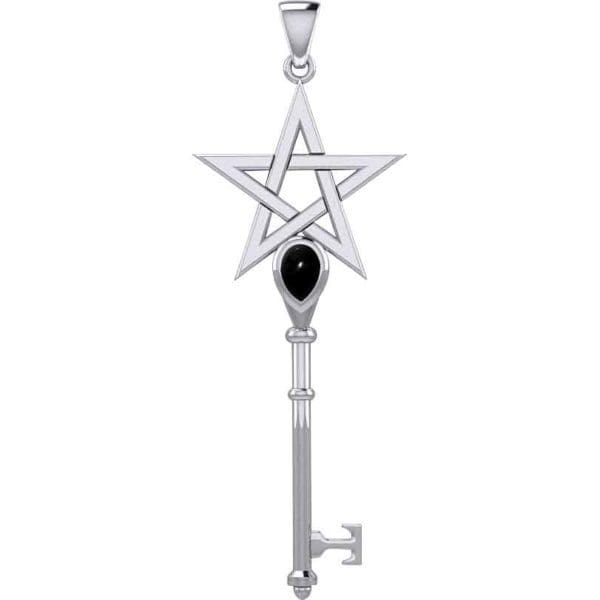 Silver Pentagram with Gem Key Pendant