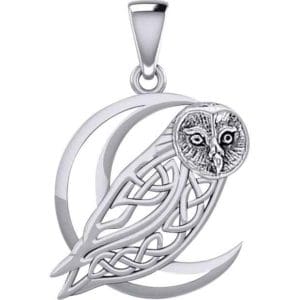 Silver Celtic Owl on Moon Pendant