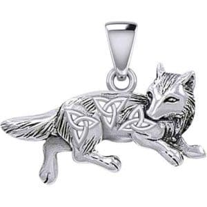 Silver Celtic Running Wolf Pendant