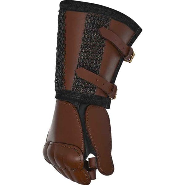 Leather Gauntlet with Chainmail Cuff - Brown