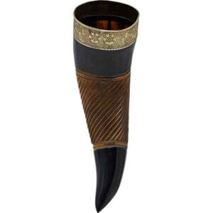 Engraved Drinking Horn with Brass Rim