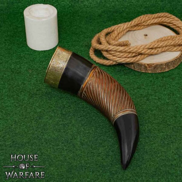 Engraved Drinking Horn with Brass Rim